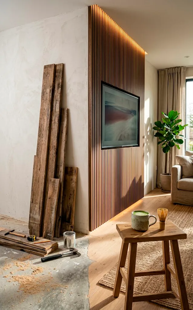 Dramatic split-view of a Japandi TV wall construction showing raw reclaimed wood and sleek finished slatted panels.