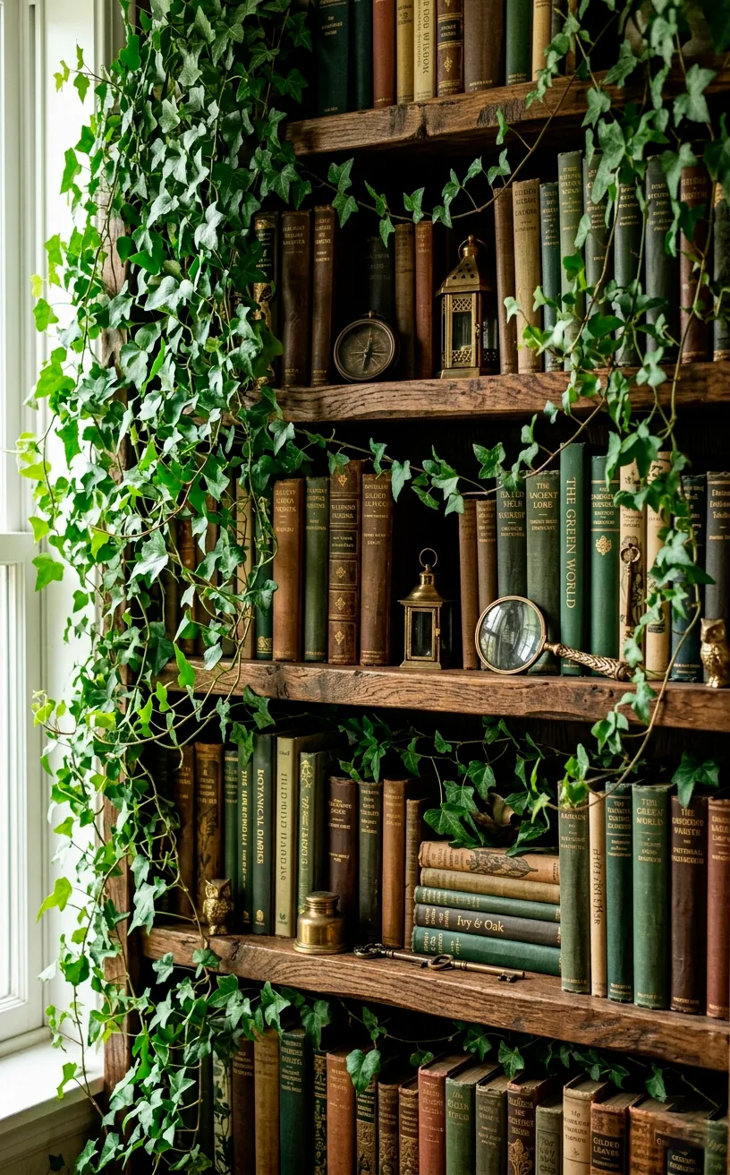 Rustic wooden bookshelf overflowing with trailing English ivy and vintage books in a cottagecore living room