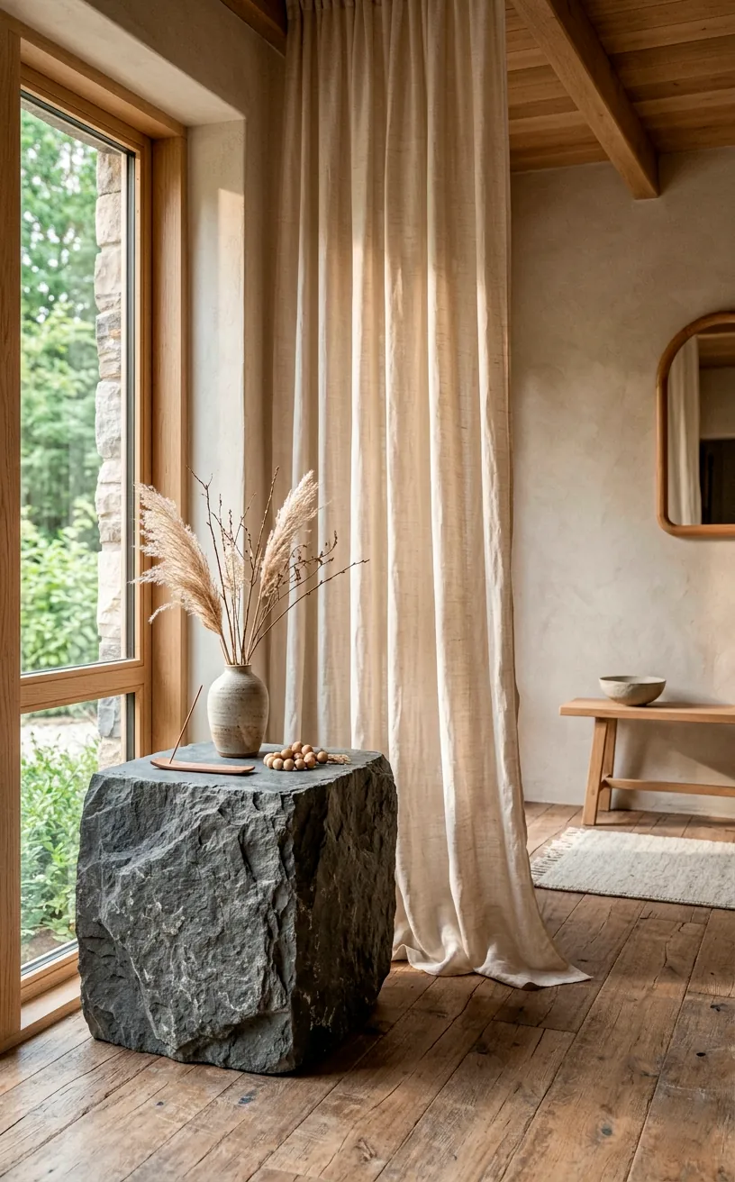 Chunky unpolished slate stone table contrasting with delicate raw silk fabric in a Japandi foyer