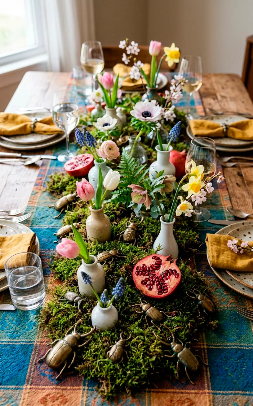 Low sprawling maximalist centerpiece featuring fresh moss, bud vases, and scattered pomegranates.