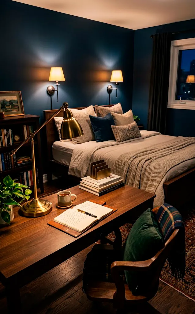 Layered lighting in a home office featuring a brass desk lamp and warm wall sconces