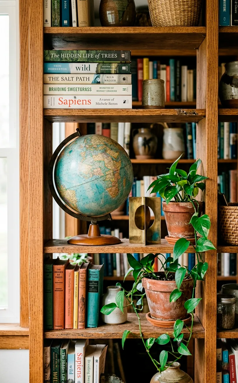 Styled bookshelf featuring stacked books, a vintage globe, and a trailing pothos plant.
