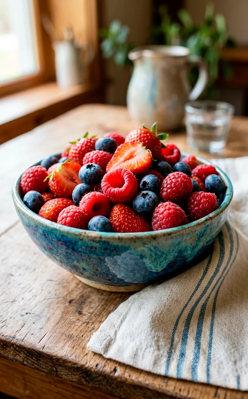 Bowl of fresh red and blue berries next to a striped napkin