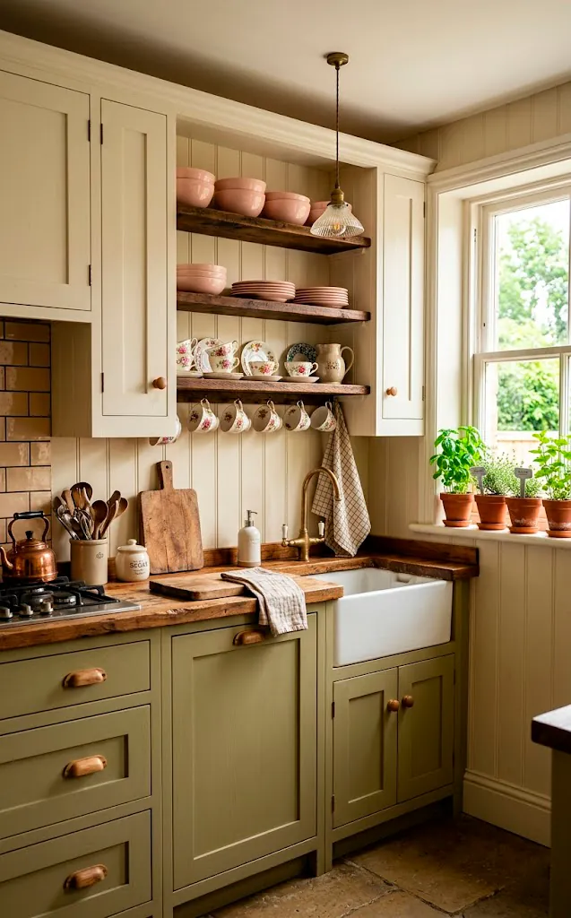 Charming cottage kitchen featuring soft olive green lower cabinets and pale pink ceramic bowls on shelves.