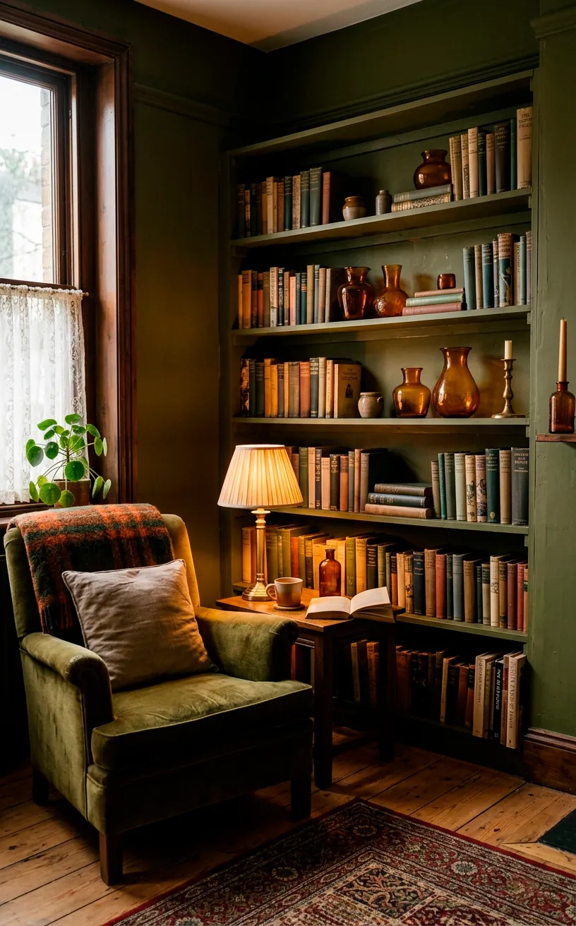 Moody living room corner painted in deep olive green with built-in bookshelves.