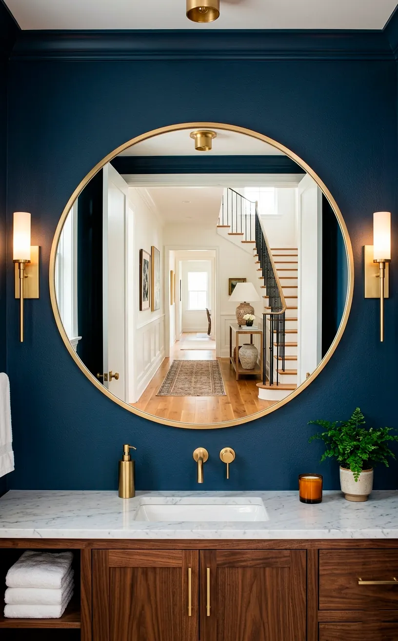 Oversized round mirror with a thin brass frame on a dark navy powder room wall