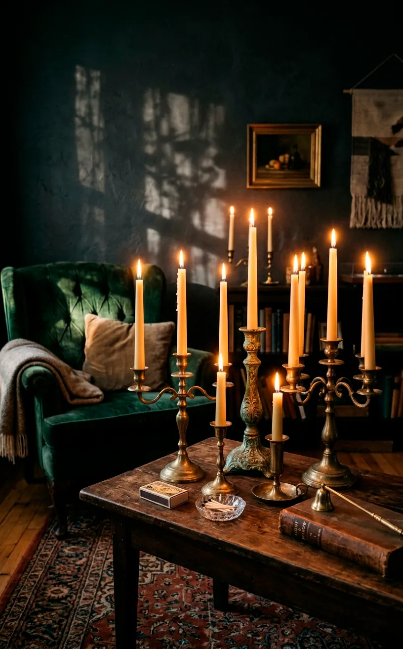 Mismatched vintage brass candelabras holding lit beeswax taper candles on a coffee table