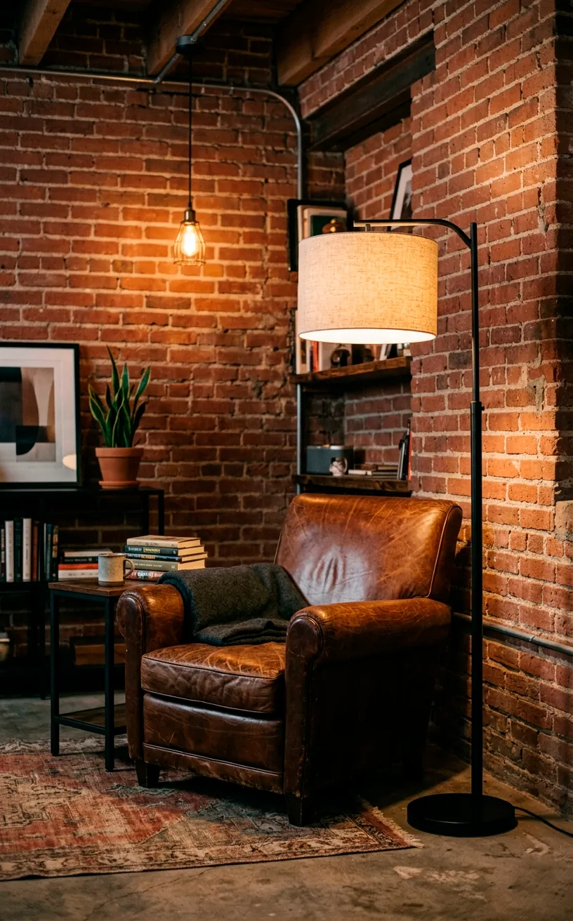 Black iron floor lamp with a soft linen shade casting warm amber light over a leather chair