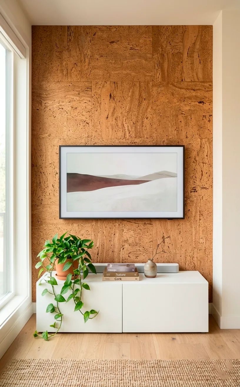 Minimalist TV wall covered in warm, textured cork wall tiles with a sleek TV and white console.