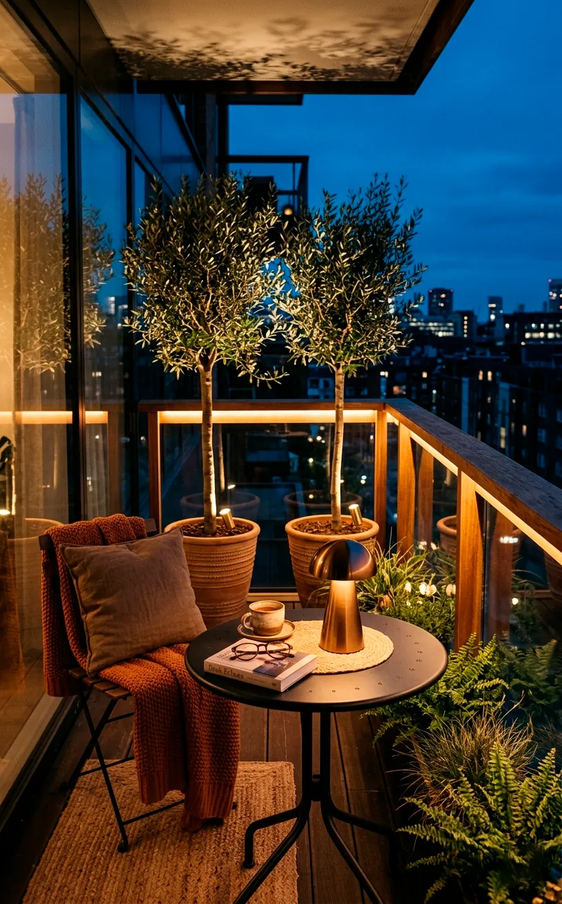 Layered warm ambient lighting on a modern balcony featuring hidden LED strips and a table lamp