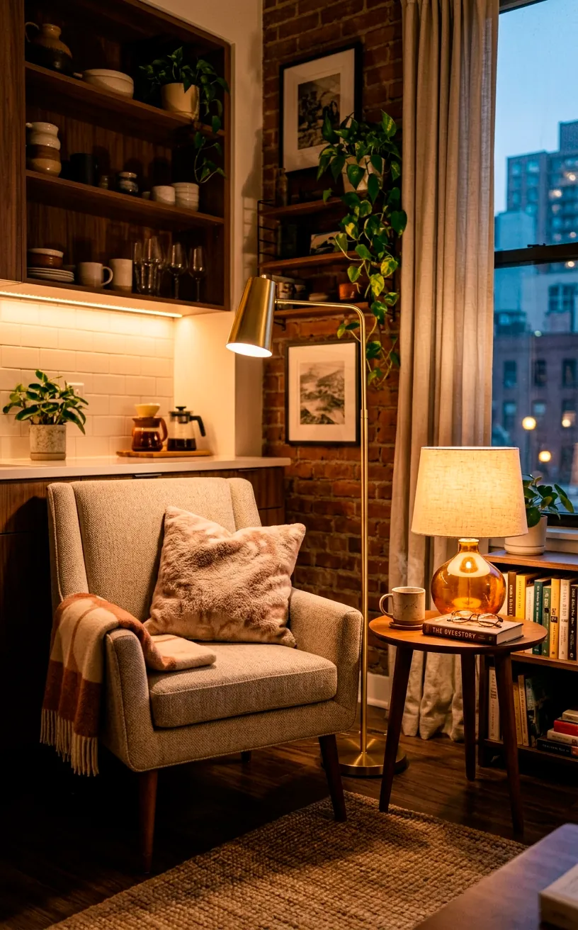 Layered warm lighting in a small studio apartment living area.