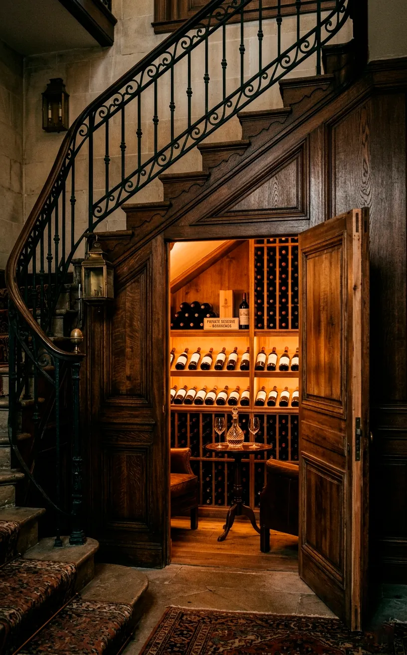 Hidden speakeasy door blending into staircase paneling revealing a glowing wine cellar
