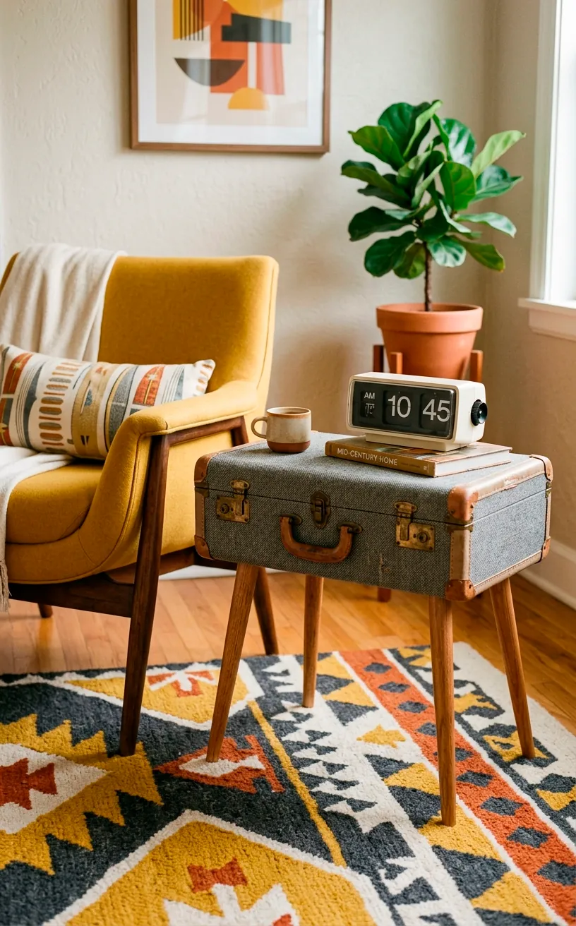 Grey tweed suitcase side table with wooden peg legs next to a yellow chair.