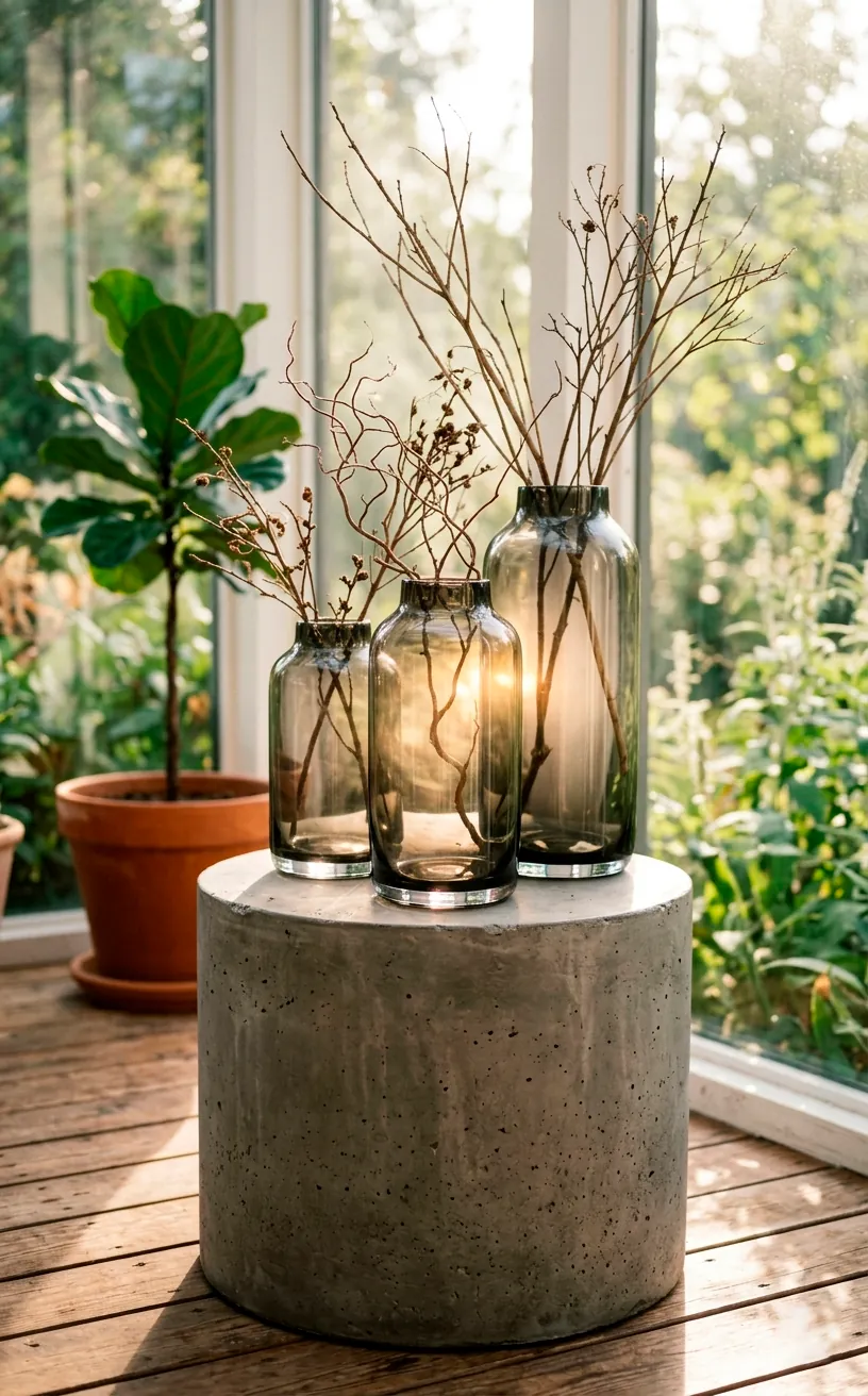 Oversized smoky gray glass vases holding dry branches on a modern side table.