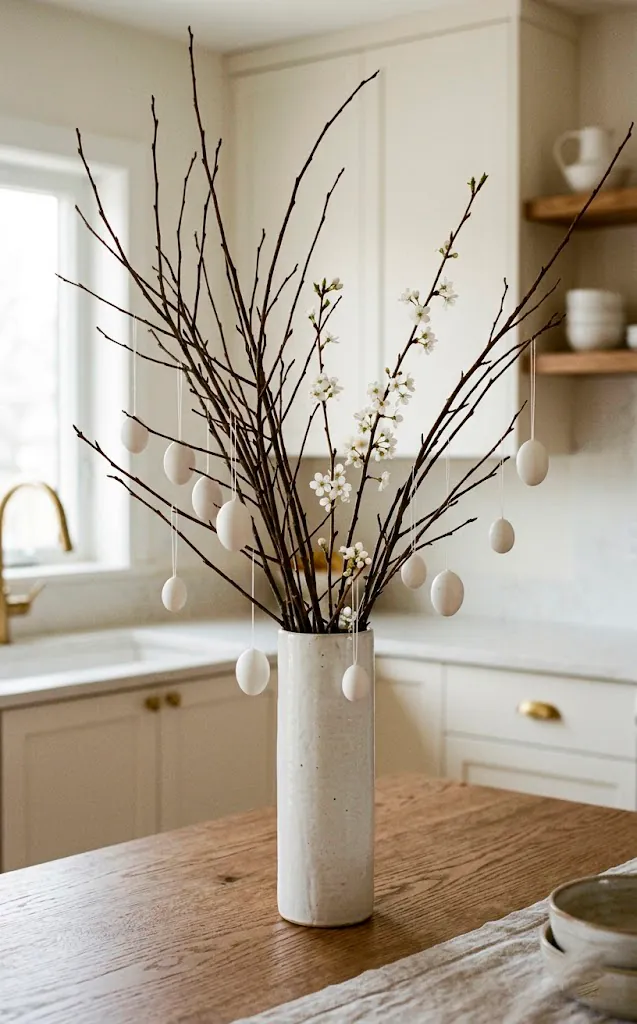 Tall vase on a kitchen island holding bare branches, white cherry blossoms, and white egg ornaments.