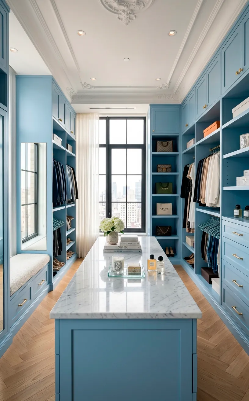 Powder blue closet cabinets paired with a crisp white marble island