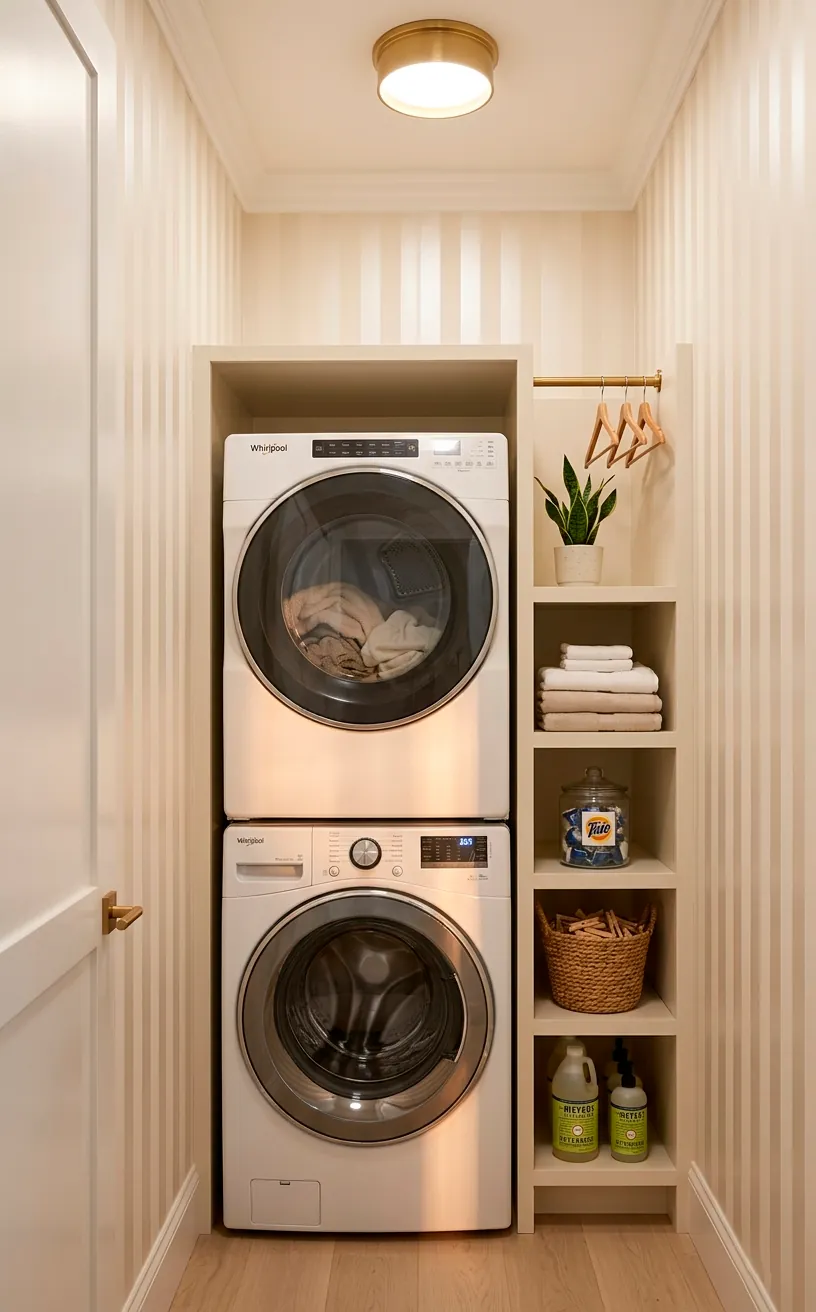 Narrow laundry closet transformed by elegant tone-on-tone vertical striped wallpaper