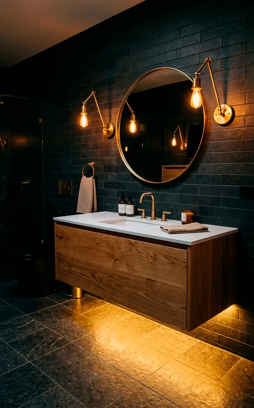 Warm LED strip lighting glowing underneath a floating wood vanity in a dark moody bathroom.