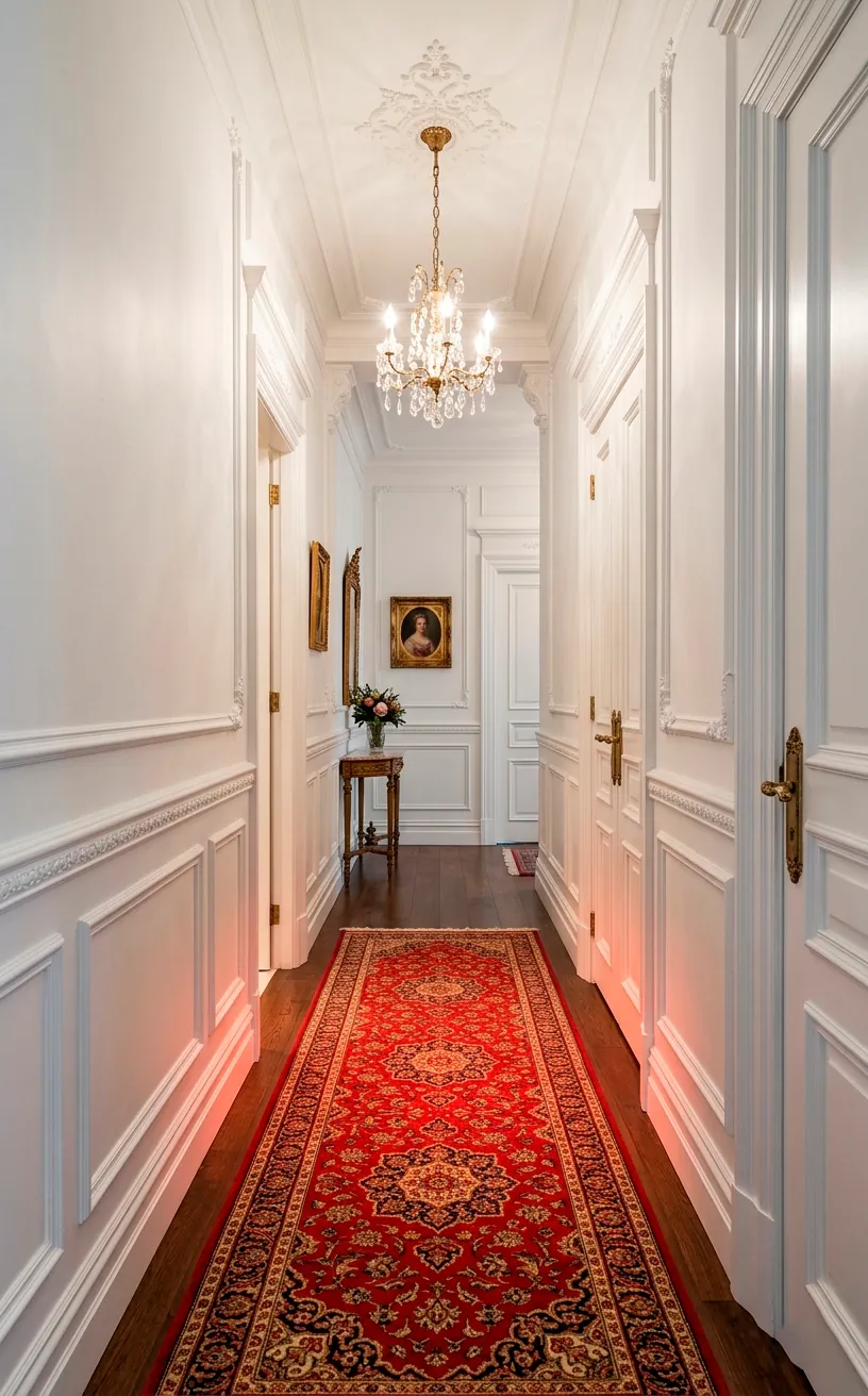 Farrow and Ball All White narrow hallway with elegant wainscoting and a red oriental runner rug.
