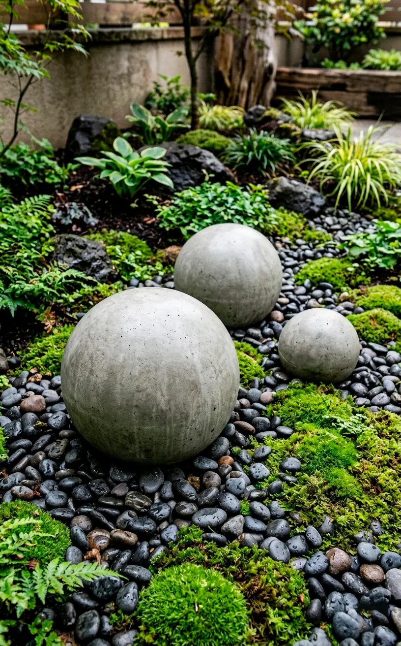 Three smooth concrete garden spheres in a modern minimalist rock bed.