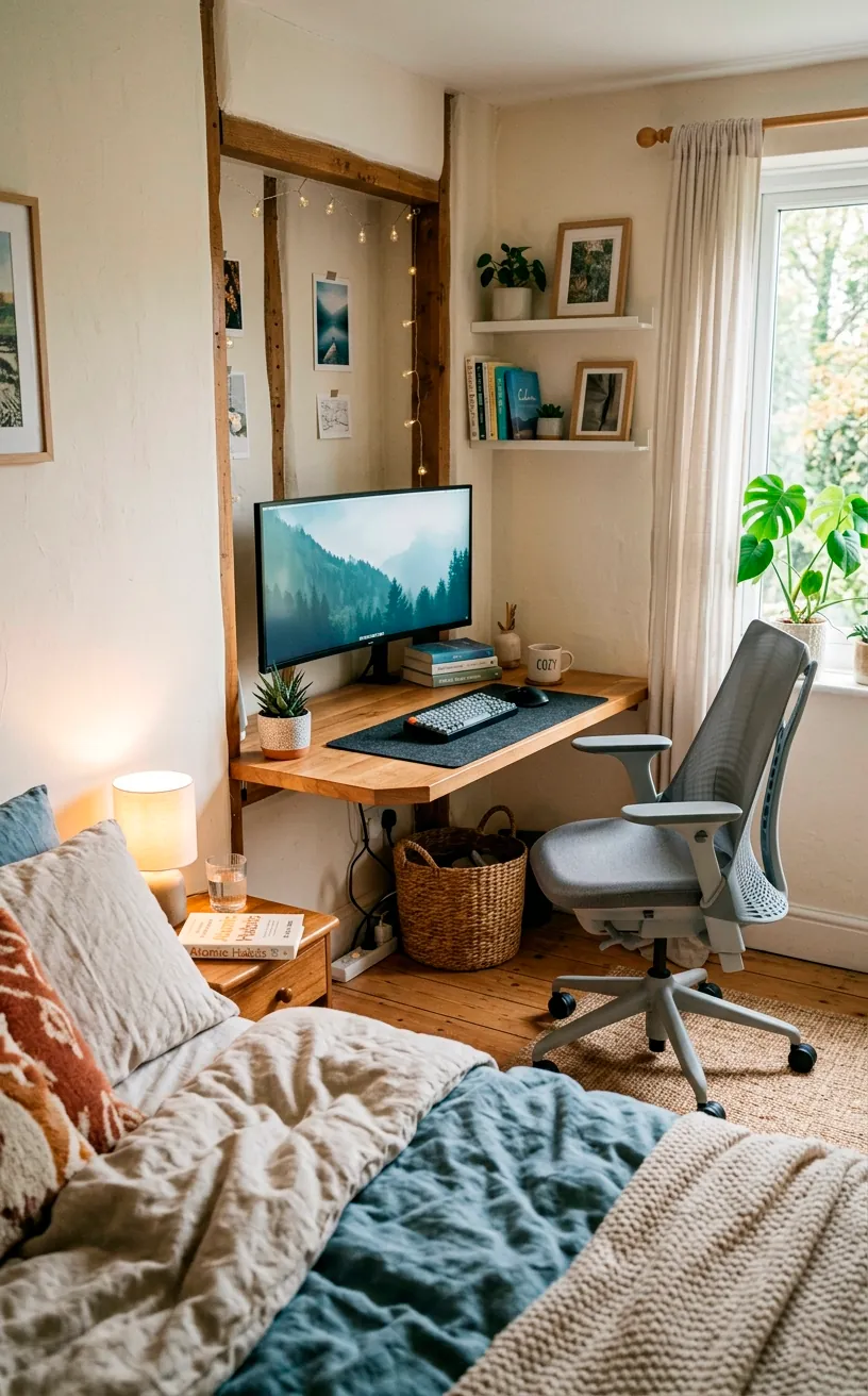 A minimalist corner desk tucked into a bedroom alcove with a woven basket hiding cables.