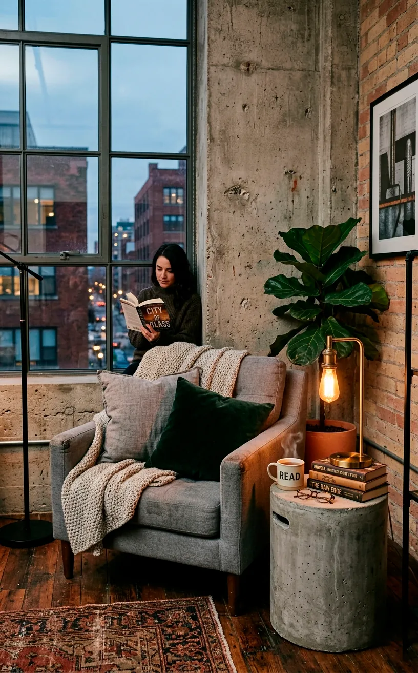 Concrete stool side table next to a soft grey fabric armchair in an industrial bedroom corner