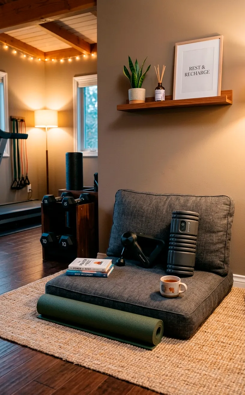 Cozy home gym recovery corner with a heated massage gun and smart foam roller on a soft cushion.