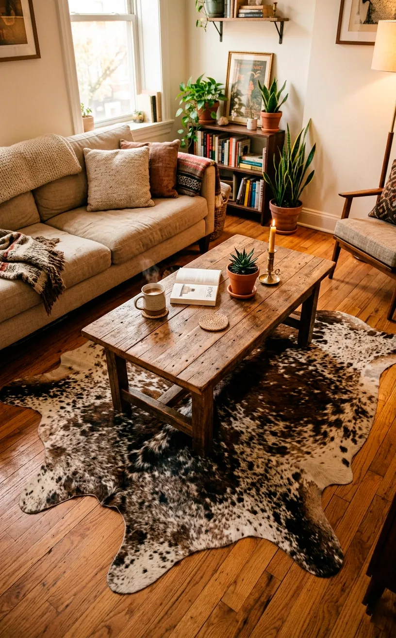 Faux cowhide rug layered under a coffee table in a small living room