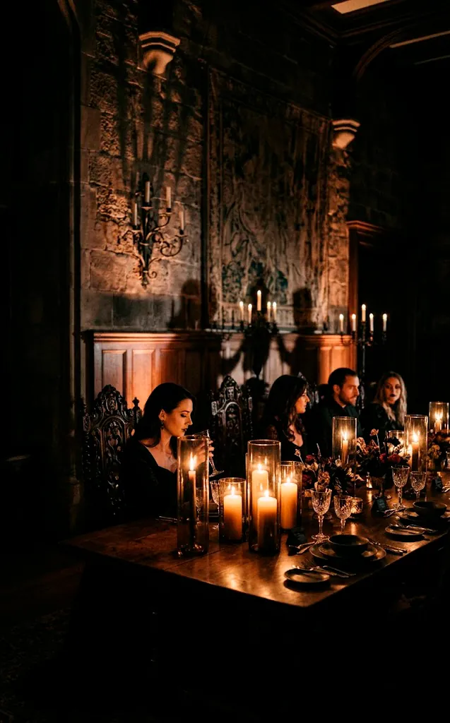 Moody room lighting with pillar candles and dramatic wall shadows