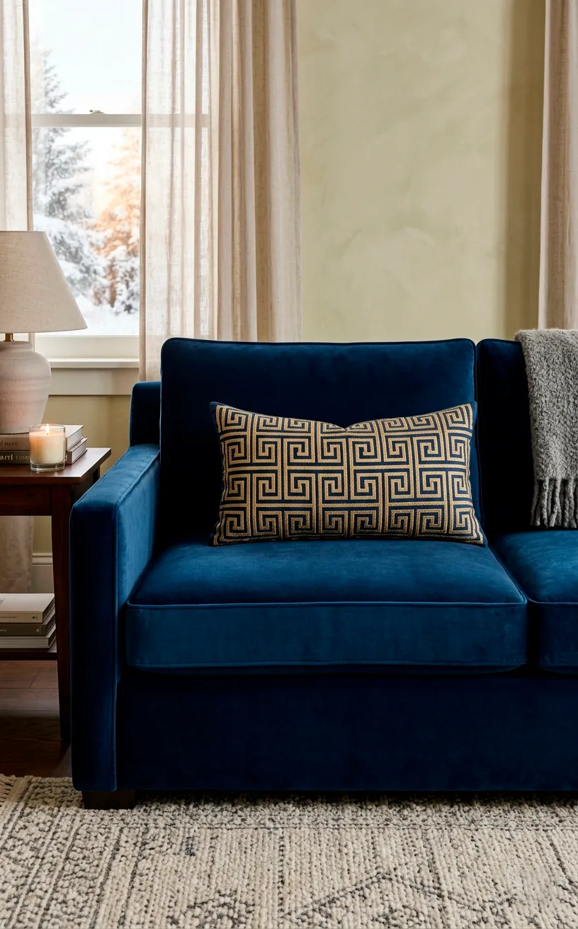 Solid midnight-blue velvet sofa styled with a single gold Greek key geometric lumbar pillow