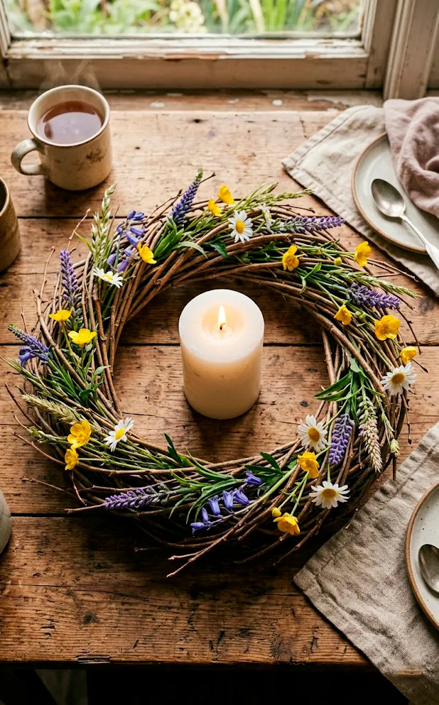 Flat willow wreath centerpiece with wildflowers and a pillar candle.