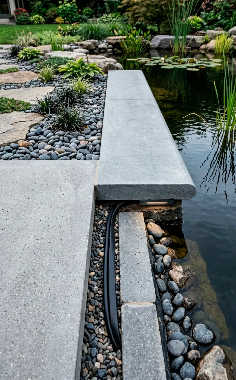 Sleek black pond light cable cleverly hidden under modern patio coping stones