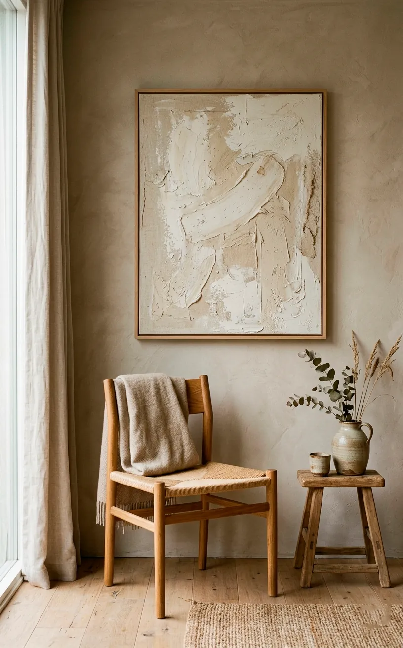 Corner of a Japandi dining room with warm greige walls and a textured neutral canvas artwork.