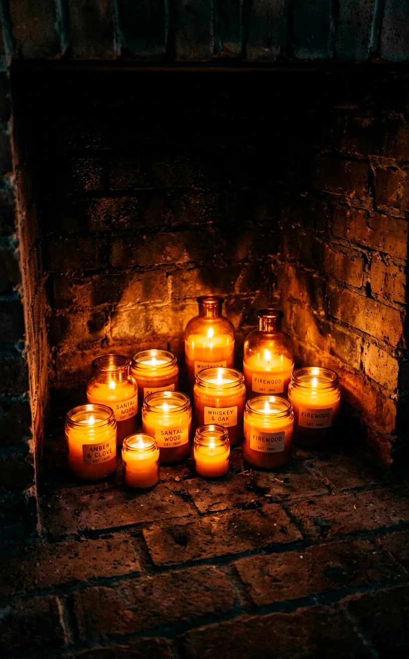Several glowing amber glass candles arranged inside an unlit fireplace firebox.