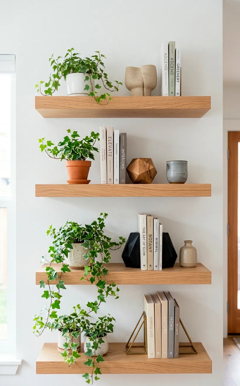 Modern light oak floating shelves holding small trailing ivy plants and neutral pottery against a pristine white wall.