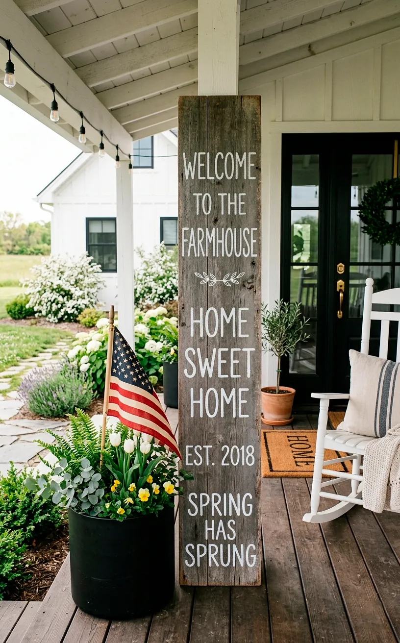 Tall weathered gray plank sign with chalky white lettering on a modern farmhouse porch with an American flag