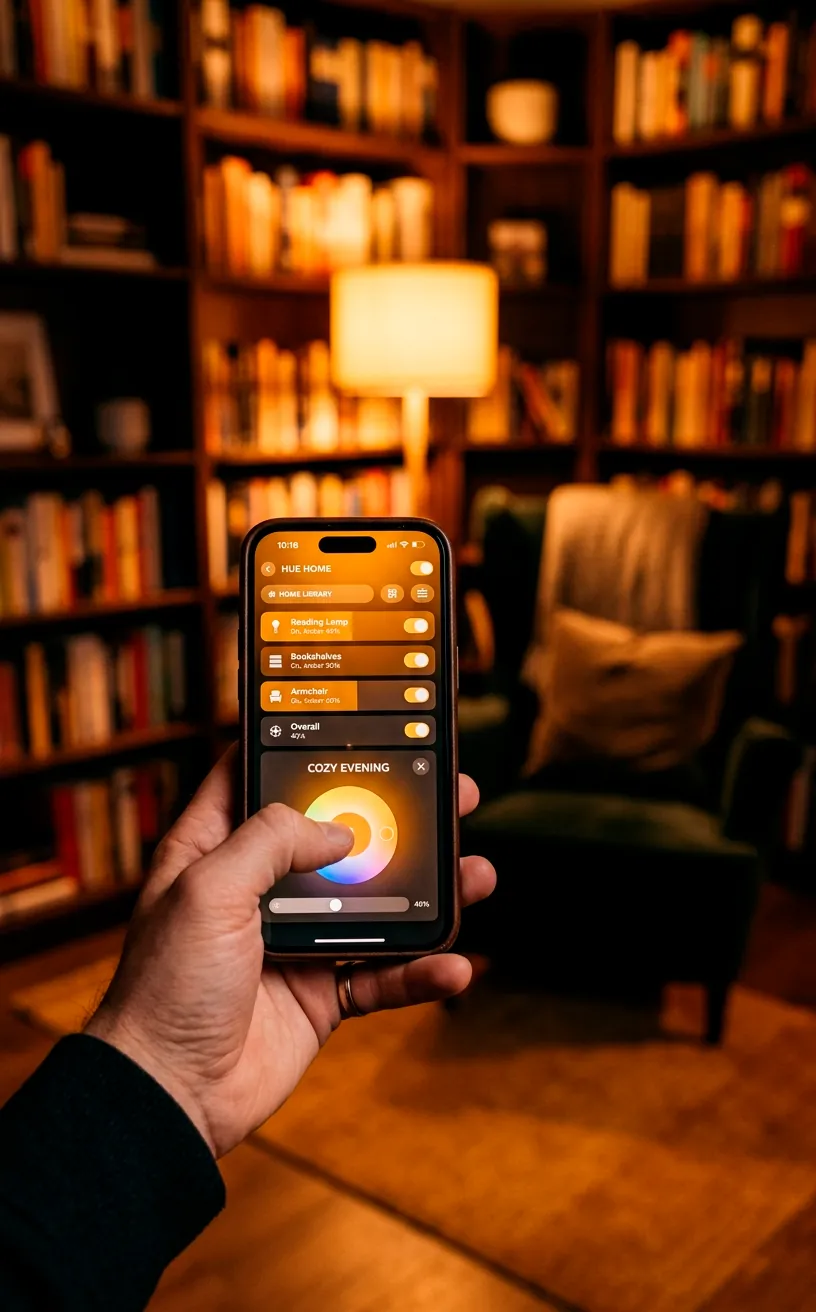 A hand holding a smartphone to control smart lighting in a warm amber-lit home library.