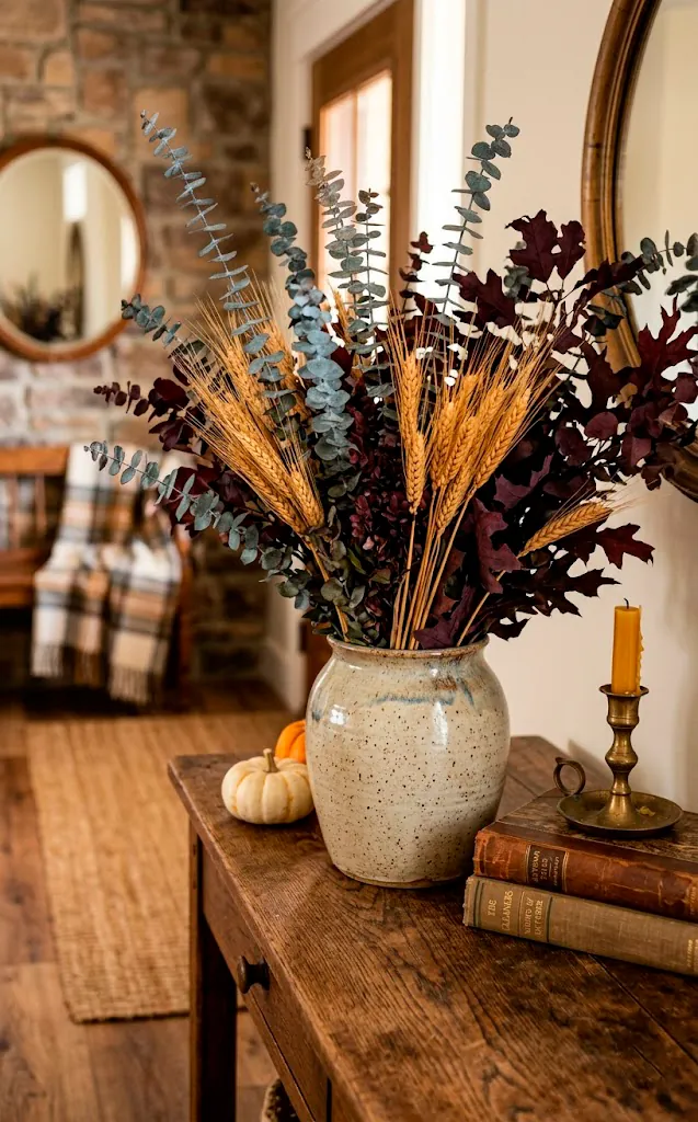 Ceramic vase filled with dried eucalyptus and wheat stalks on a console table