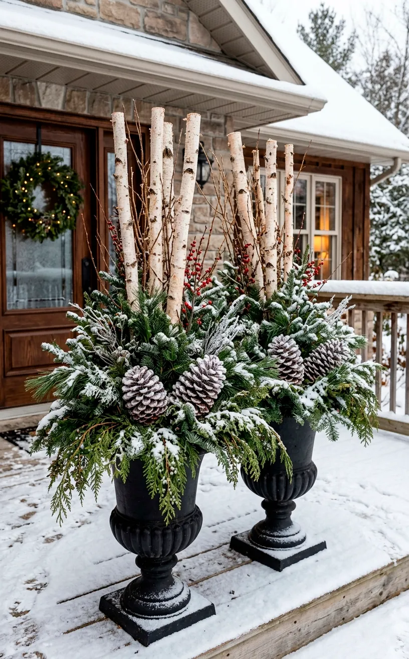 Black metal outdoor urn planters filled with dense pine branches, cedar stems, and tall decorative birch poles.