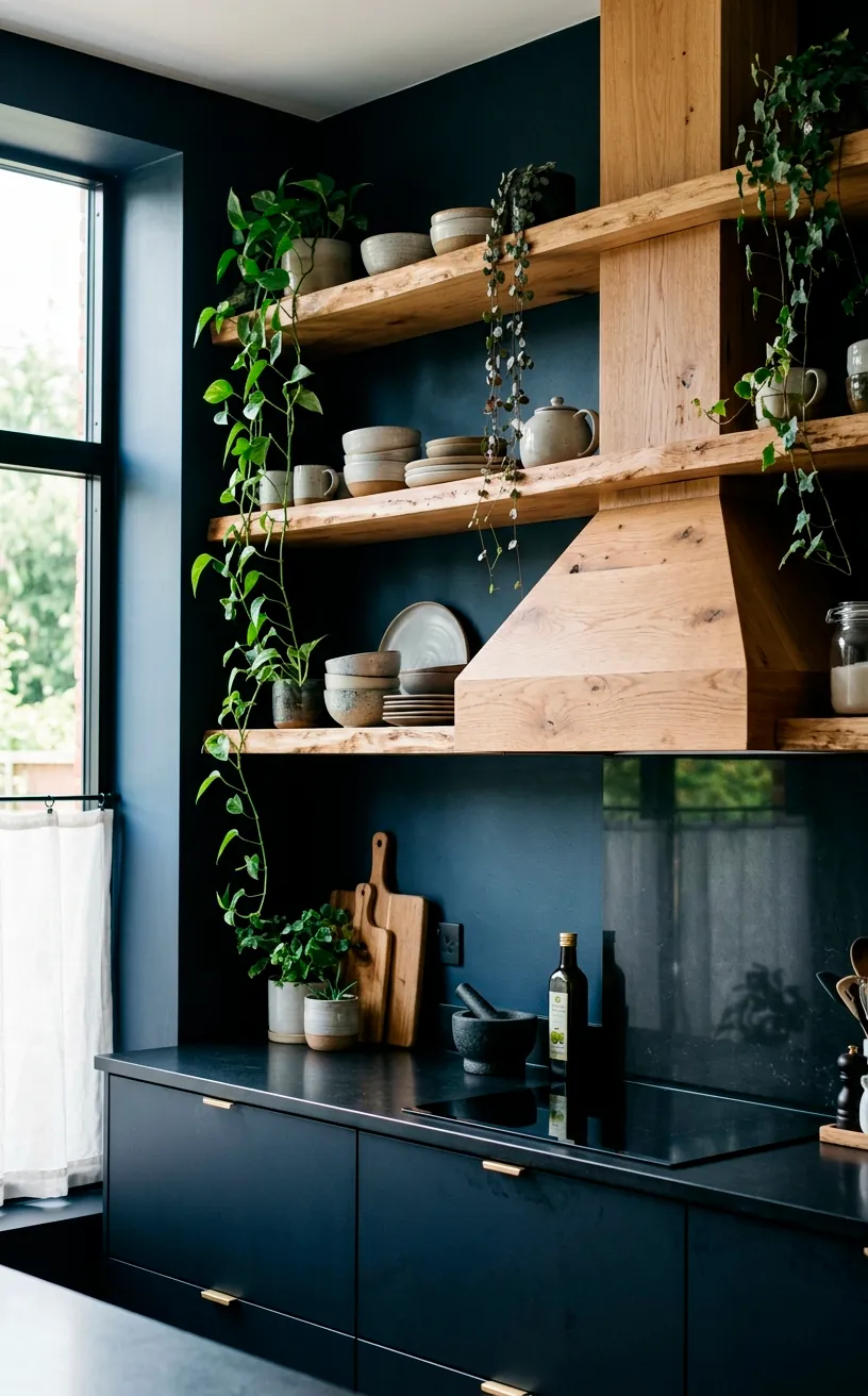 Sleek dark kitchen featuring thick raw-edge wooden floating shelves holding minimalist ceramics and green plants.