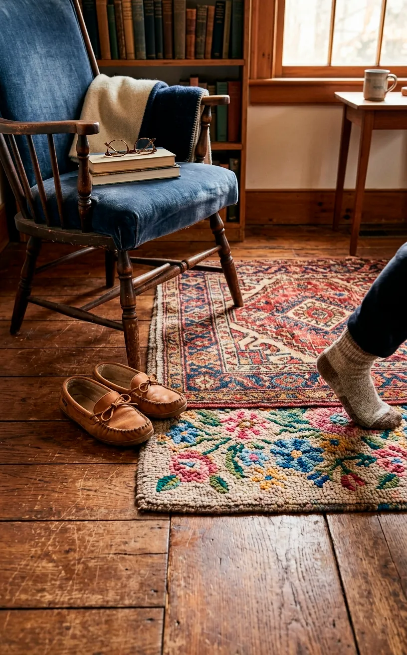 Layered faded Persian and floral hook rugs on a rustic hardwood floor