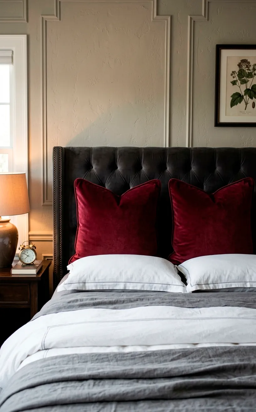 Deep burgundy velvet Euro shams anchoring a styled bed.