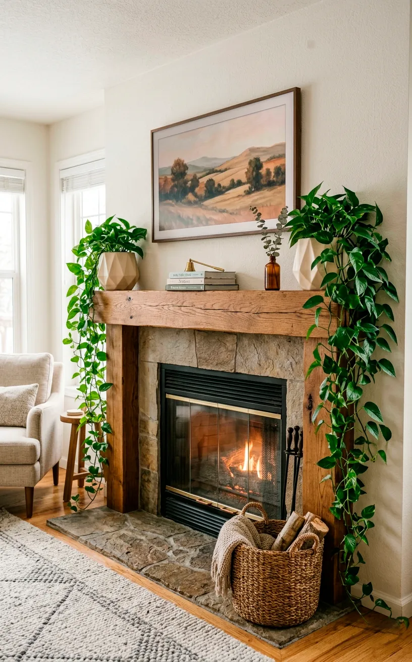 Symmetrical fireplace mantel adorned with matching trailing pothos plants in geometric pots