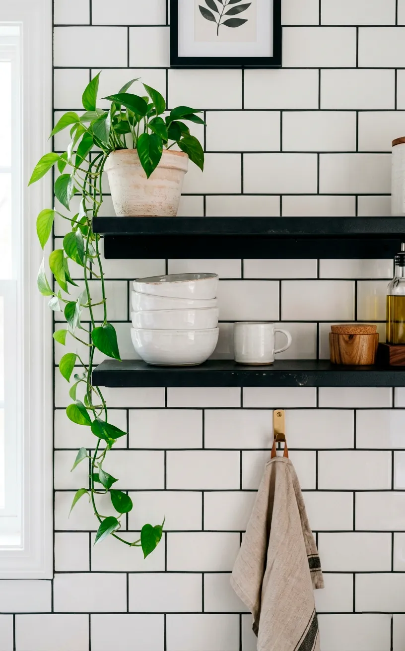 White subway tile backsplash with dark grout and black floating shelf.