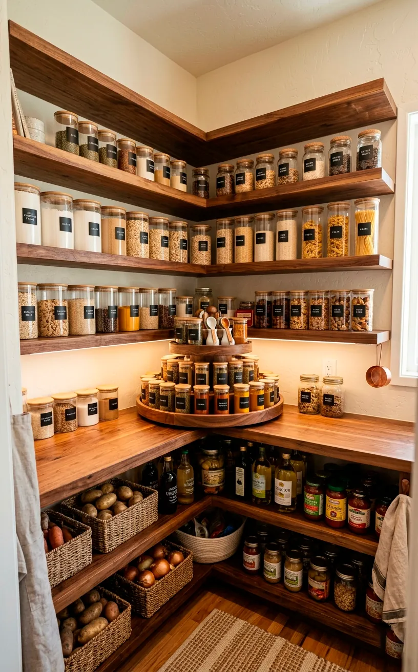 An L-shaped corner pantry featuring thick warm walnut shelves and a wooden lazy susan for spices.