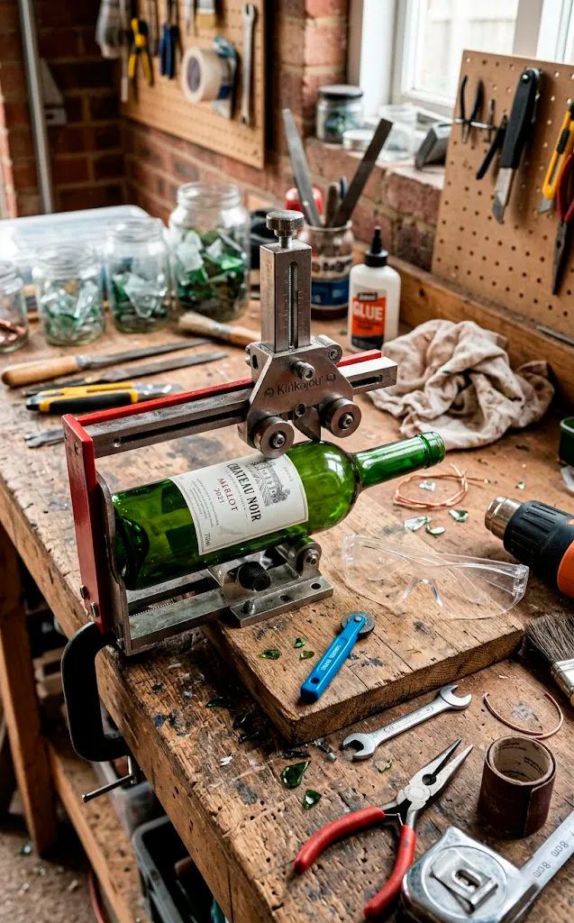 Glass bottle cutter tool attached to a green wine bottle resting on a rustic wooden workbench.