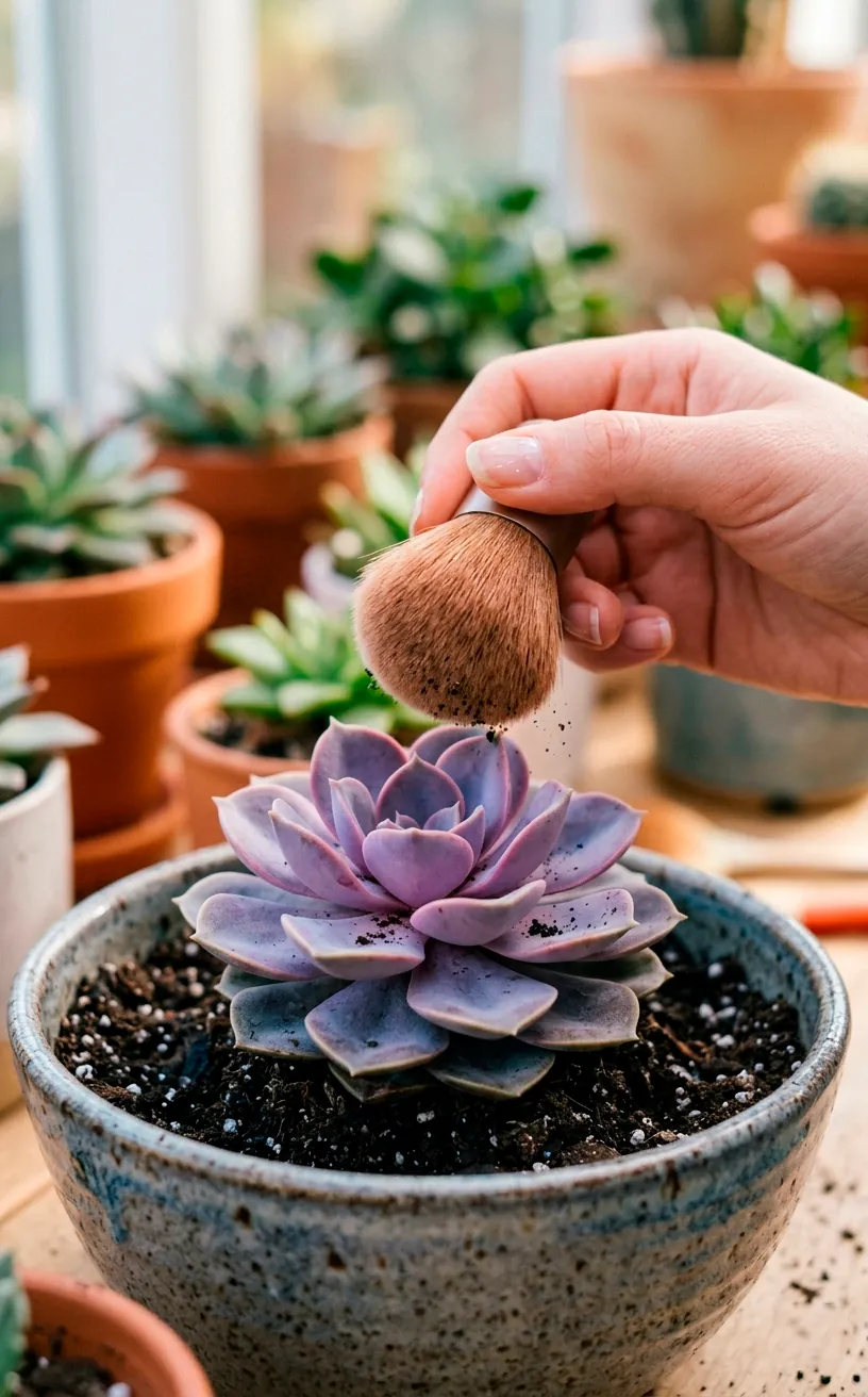 A person using a soft makeup brush to clean dirt off a succulent plant in a centerpiece bowl.