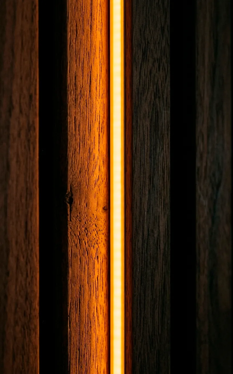 Close up of a glowing COB LED strip on a wood wall.