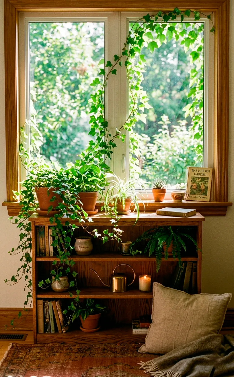Low bookcase under a sunny window covered in trailing ivy vines seeking light.