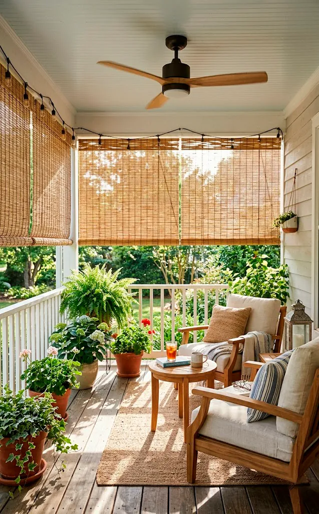 Bamboo roll-up blinds filtering harsh sunlight on a cozy summer porch with a modern ceiling fan above.